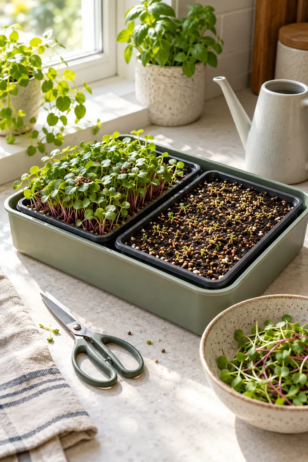 Removable microgreen trays resting inside a shallow waterproof container on a bright kitchen shelf.
