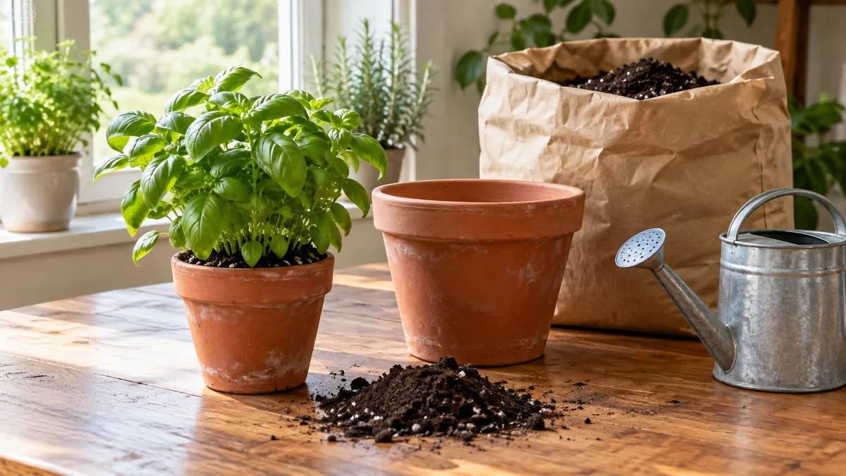 Indoor herb repotting setup with pots, potting mix and watering can by a sunny window