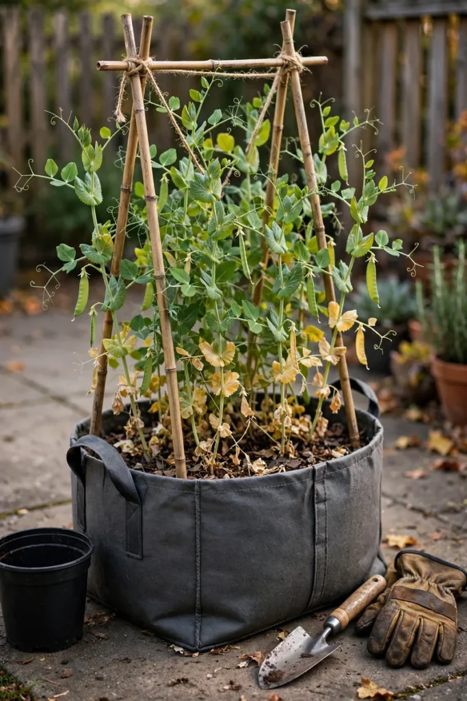 Pea vines nearing the end of harvest in a large reusable patio container