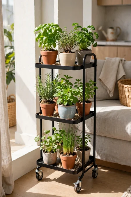 Slim rolling cart with potted herbs positioned in a sunny apartment spot