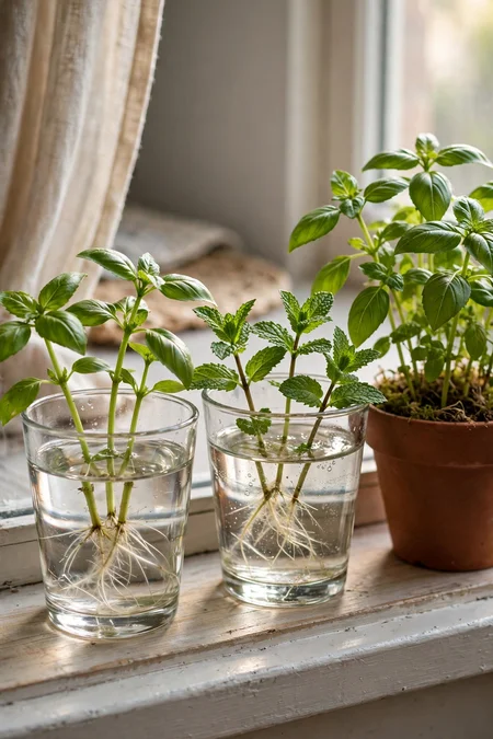 Basil and mint cuttings developing roots in water on an apartment windowsill