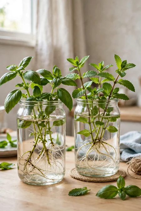 Basil and mint cuttings rooting in water