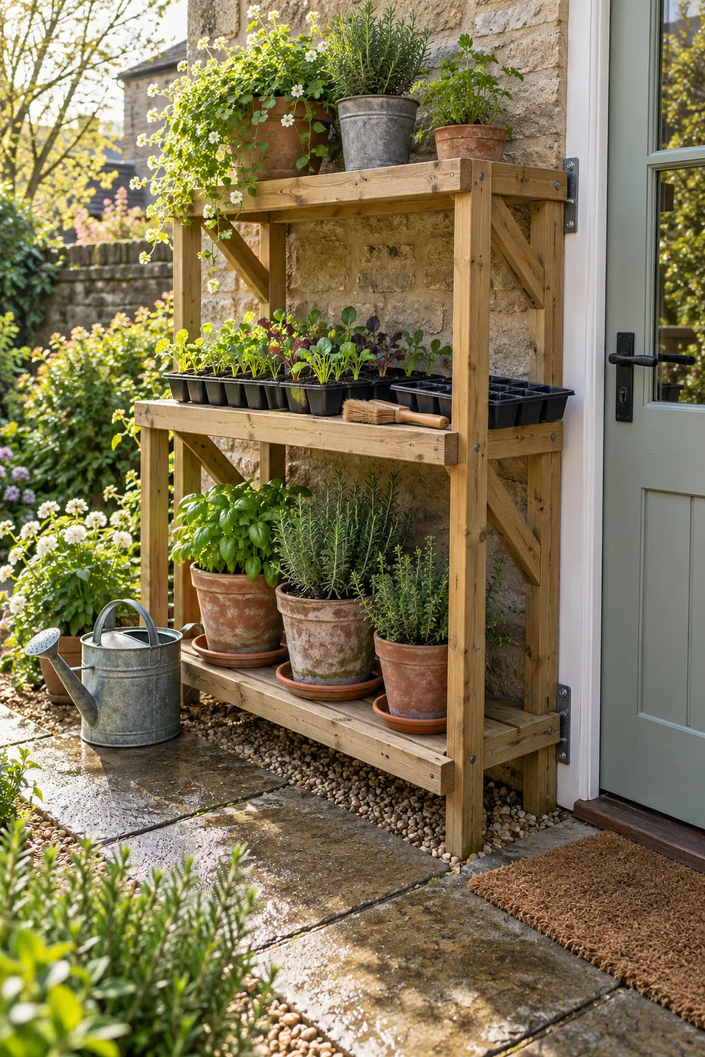 Outdoor growing shelf holding removable seedling trays and spaced herb pots during a seasonal change.