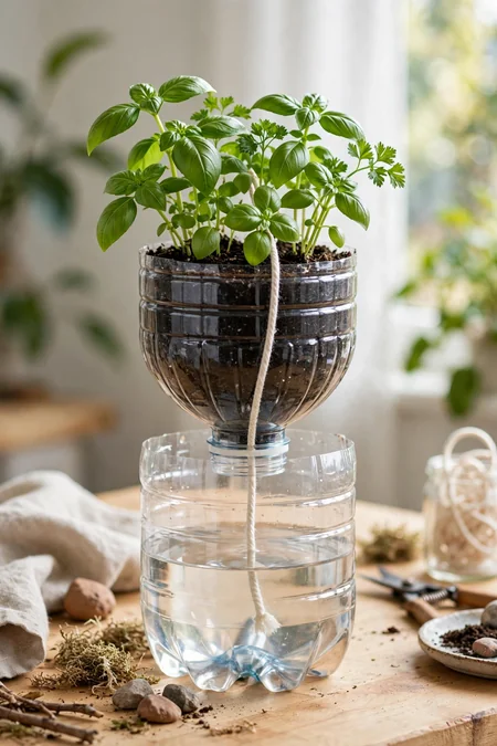 Self-watering herb pot made from a reused bottle