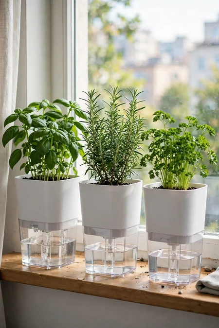 Self-watering pots with culinary herbs on an apartment windowsill