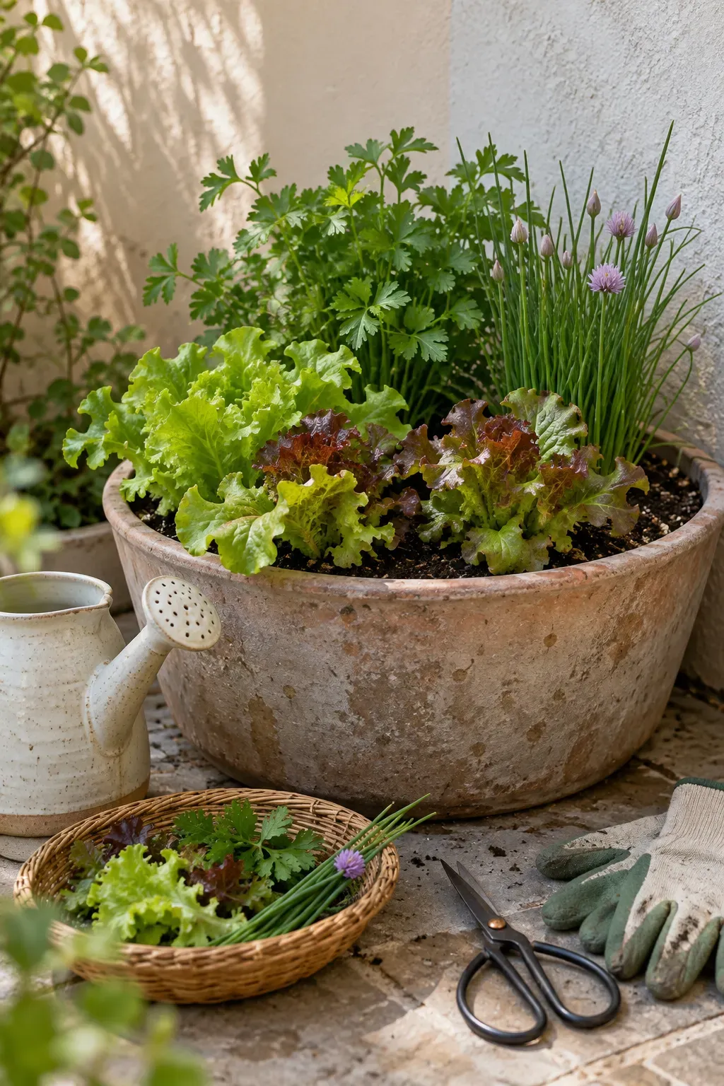 Leafy greens and herbs growing in softly shaded spring container
