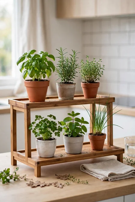Shelf risers creating two levels of herb pots on a counter