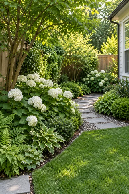 A small garden using green foliage with a simple white flower color scheme