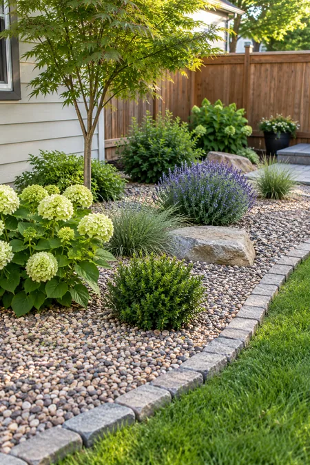 A small gravel garden with a few tough plants replacing a flower patch