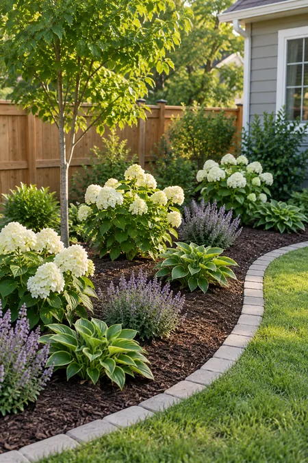 A small garden bed planted with repeated groups and clear open space