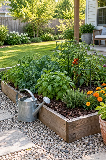A watering can beside a small garden bed set up for a simple watering routine
