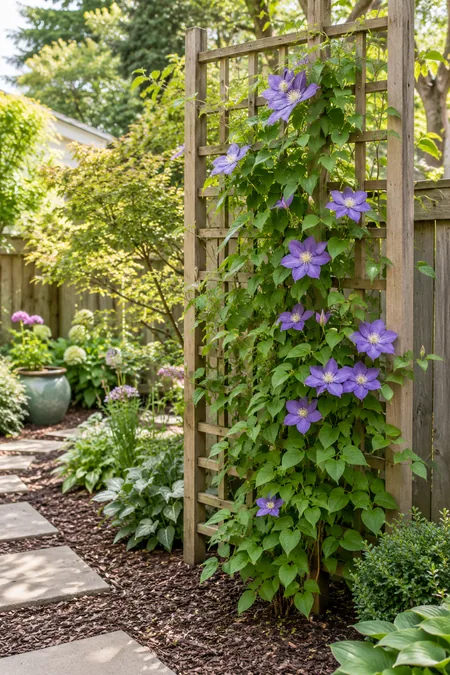 A climbing plant growing neatly up a simple trellis in a small garden