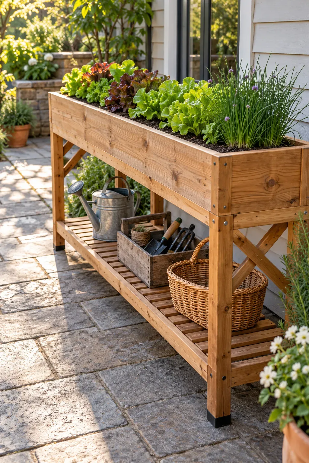 Narrow raised wooden planter with an open storage shelf along a small patio.