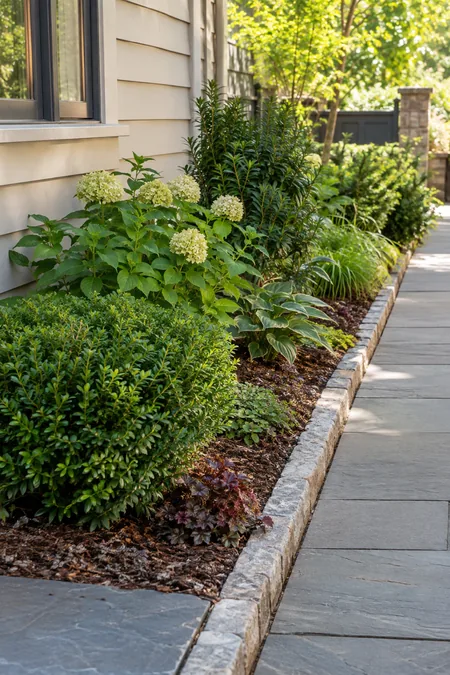 Compact shrubs fitting neatly into a narrow small garden border