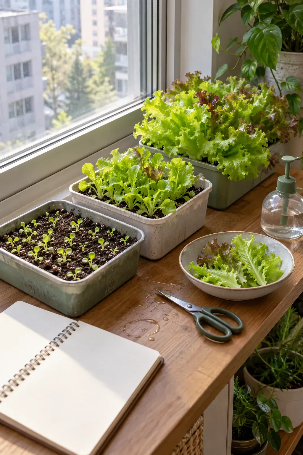 Small lettuce trays at different growth stages near apartment window