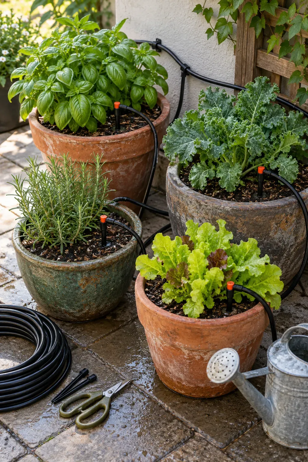 Individual drip emitters watering grouped patio containers with neatly routed tubing behind the pots.