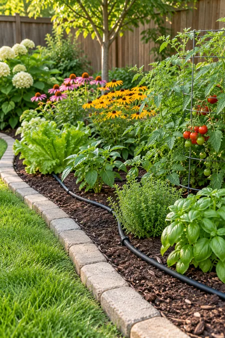 A simple drip line running through a small garden bed near plant roots