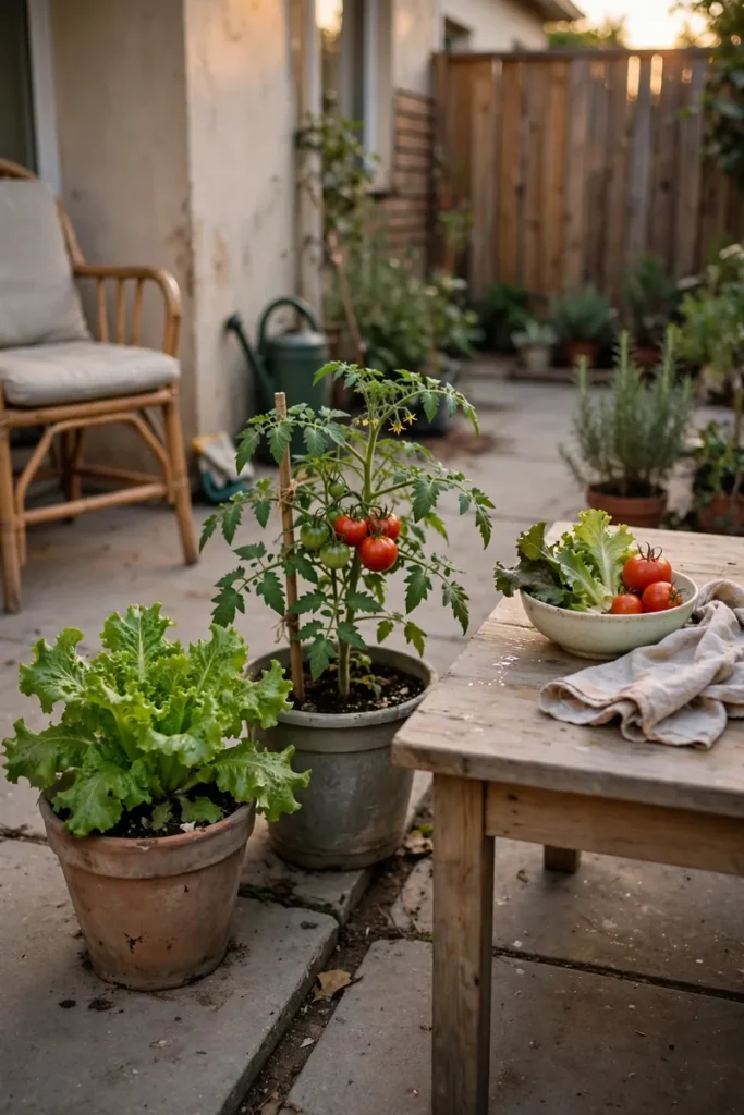 A small patio garden with lettuce, tomatoes, and a modest bowl of vegetables