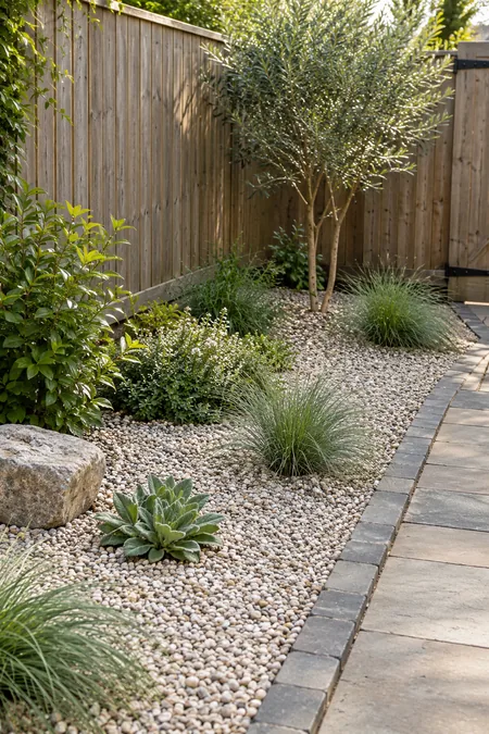 A small gravel garden corner planted with a few tough green plants