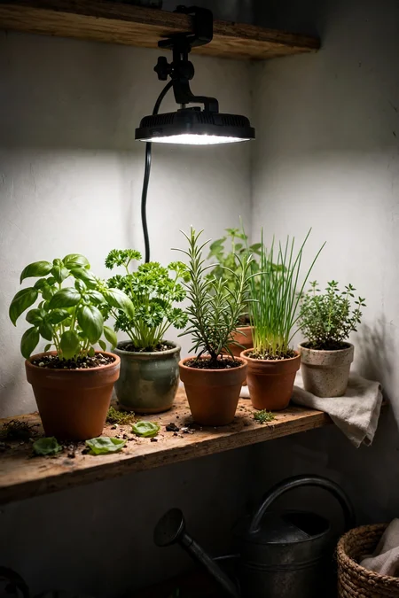 Compact grow light illuminating small potted herbs in a dim apartment corner