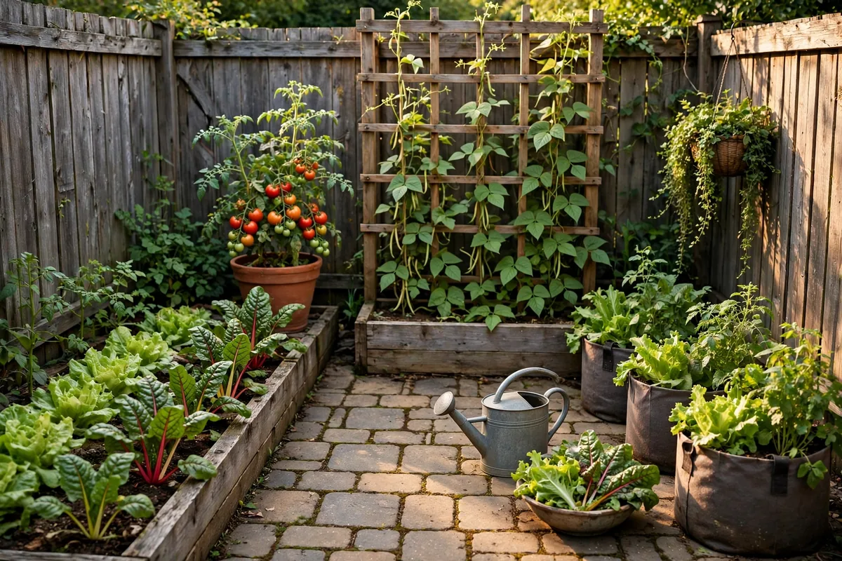 Small space vegetable garden on a paved patio with raised bed, containers, trellis-grown beans, and a bowl of freshly harvested greens.