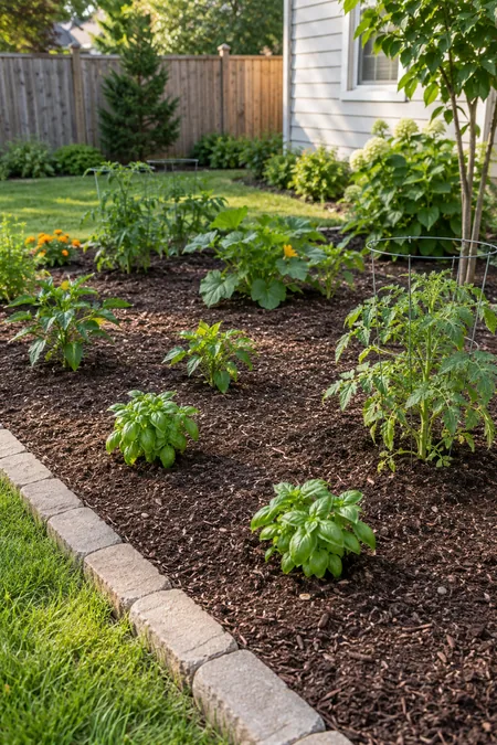 A small garden bed with plants arranged with clear spacing for future growth