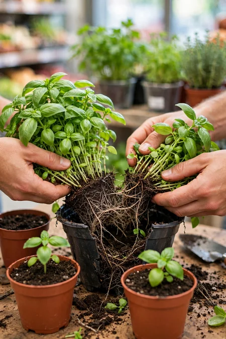 Crowded supermarket basil pot being divided