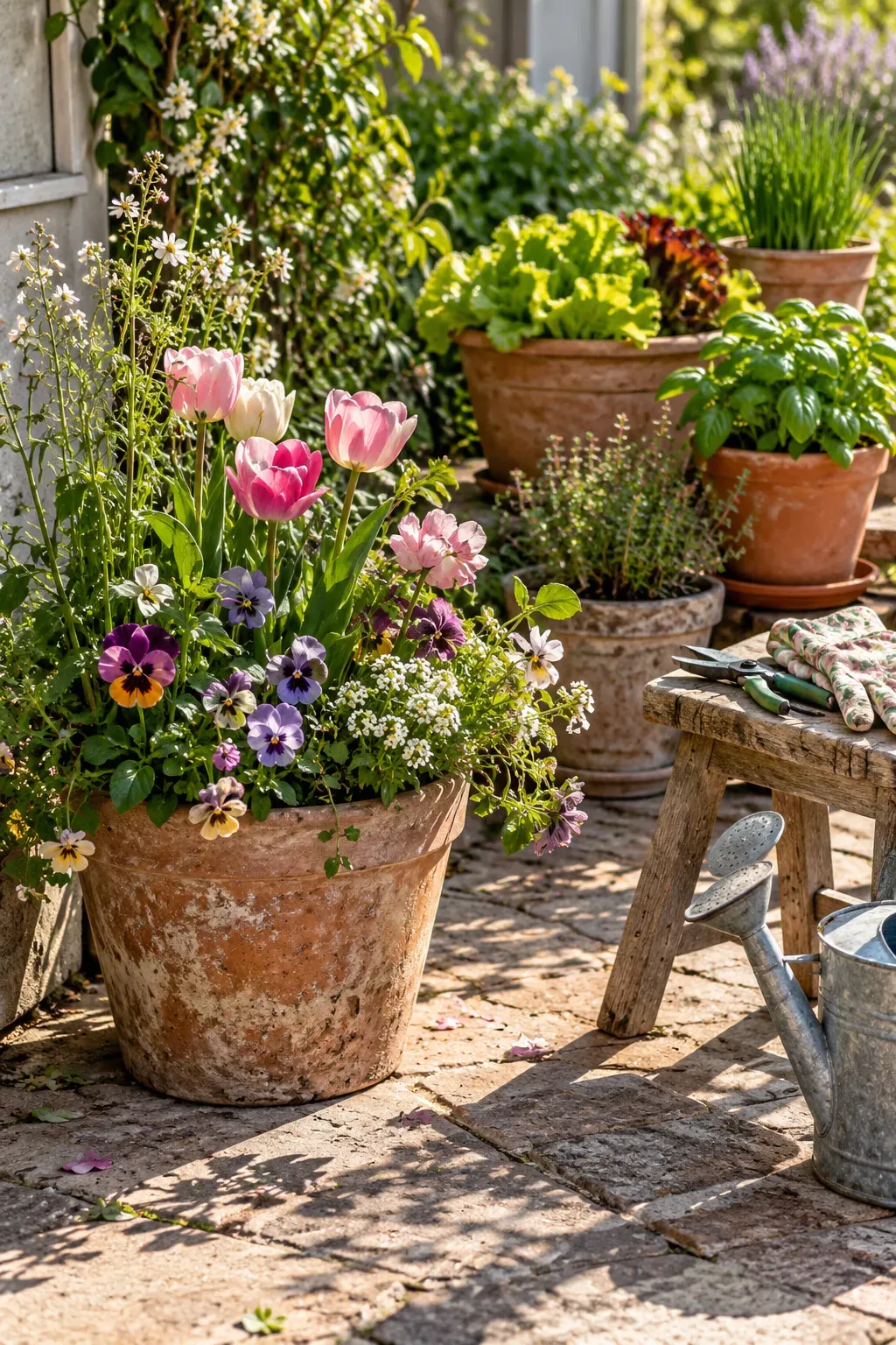 Flowering spring pot beside organized vegetable containers on sunny patio
