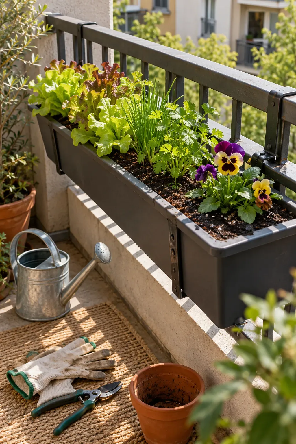 Secure railing planter with lettuce, pansies, and compact spring herbs