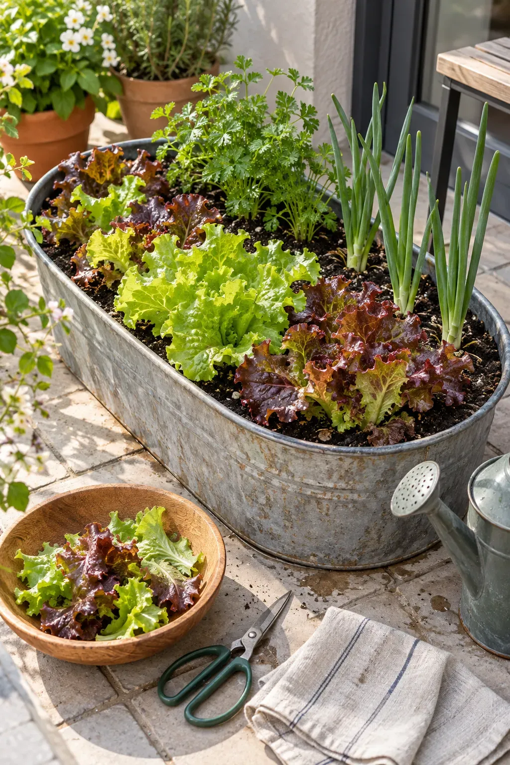 Large spring container planted with lettuce, herbs, and green onions