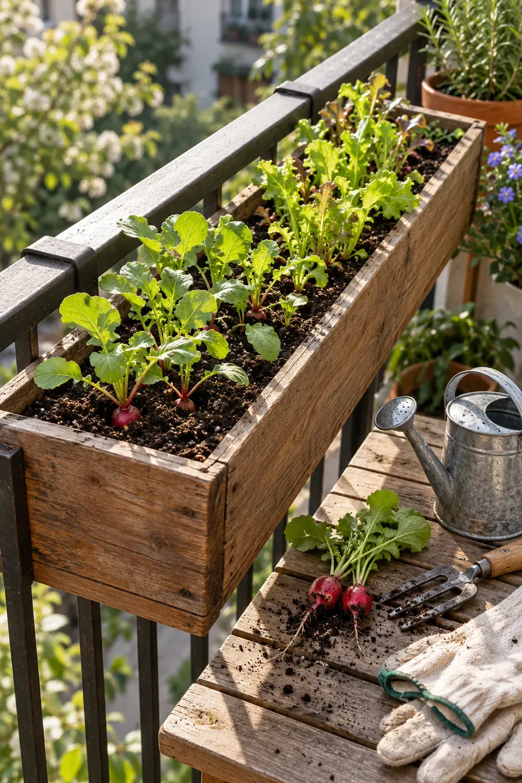 Narrow window box growing radishes and tender spring greens outdoors