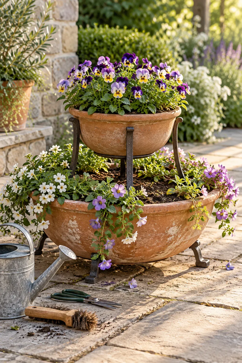 Two-tier flower planter with a securely supported upper pot and spaced blooms below.