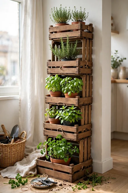Wooden crates stacked vertically with potted herbs