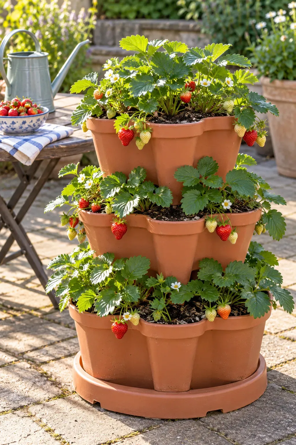 Strawberry plants growing in a stable three-tier stacking planter on level patio paving.