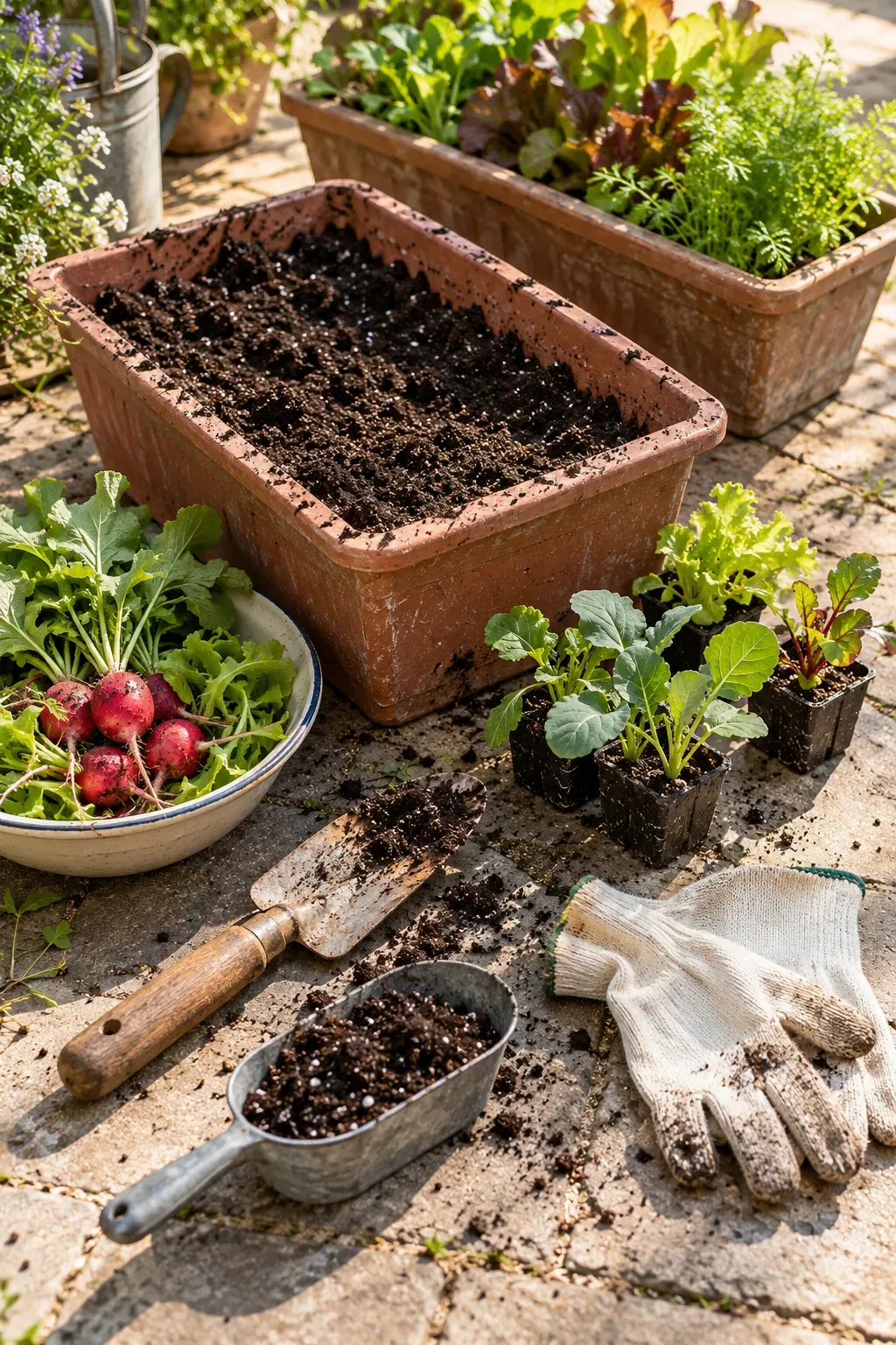Spring gardener replanting small harvested container with fresh seedlings