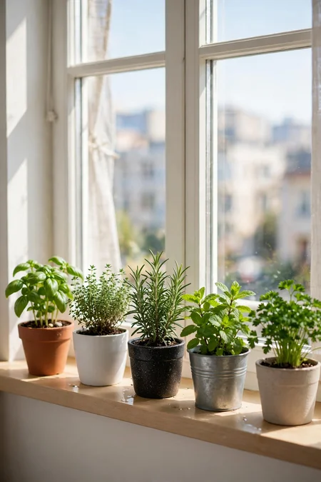 Several small culinary herb pots arranged neatly on a bright apartment windowsill