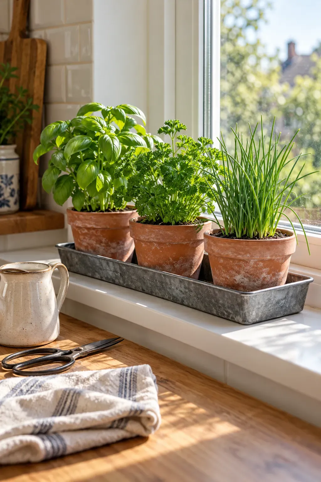 Individual herb pots grouped in a waterproof tray on a bright kitchen windowsill.