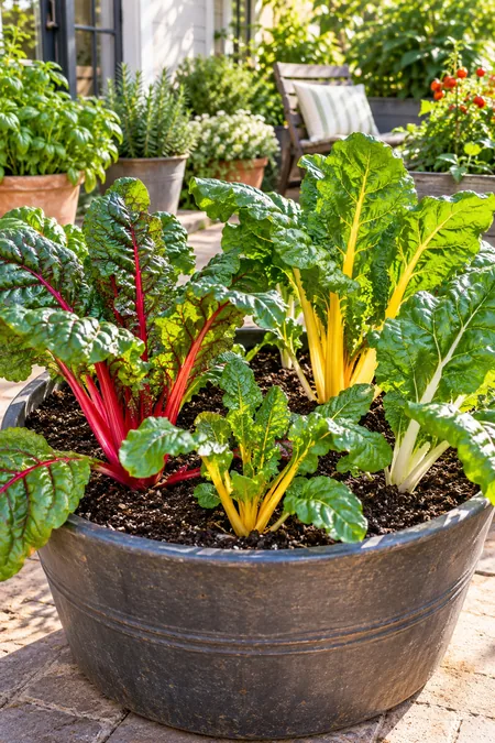 Swiss chard with large harvest-ready leaves growing in a patio container