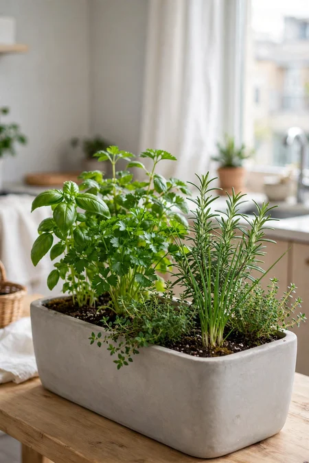 Several compatible culinary herbs growing together in one wide indoor planter