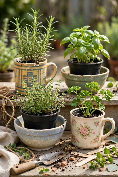 Thrifted mugs and bowls covering nursery pots with herbs