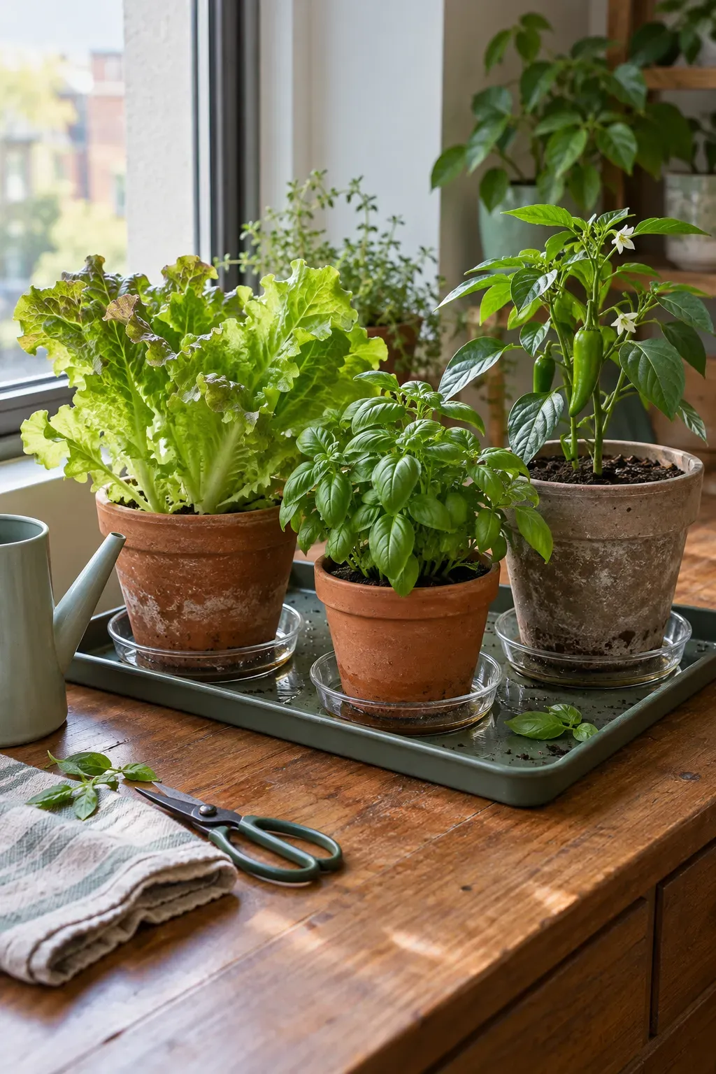 Indoor vegetable pots arranged neatly on matching waterproof drainage trays