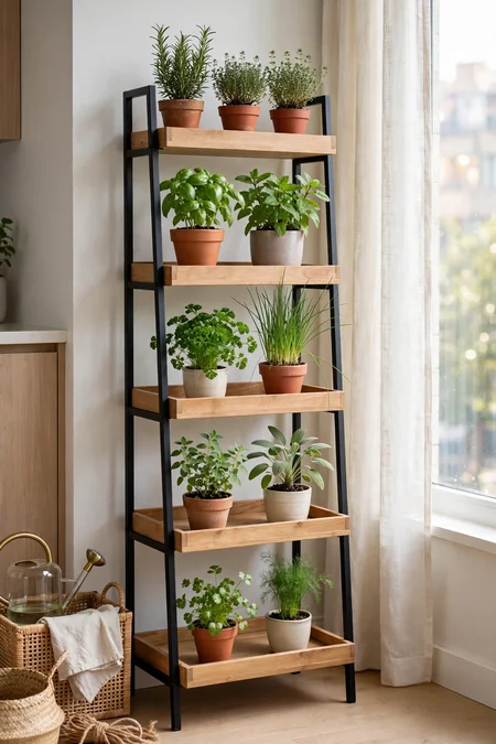 Tiered shelving unit with potted herbs on multiple levels in an apartment