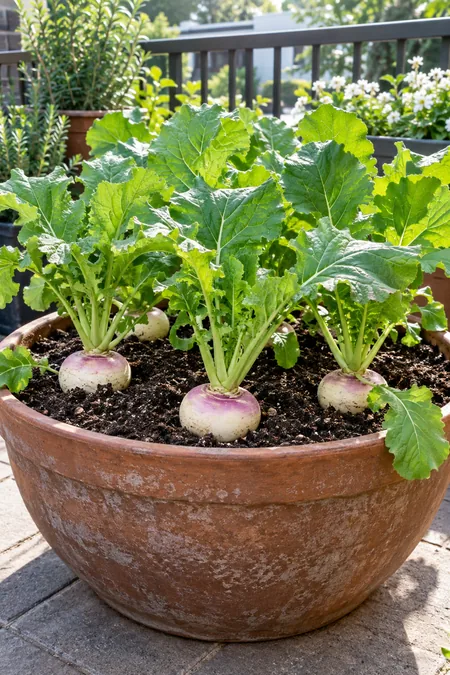 Turnips growing in a container with leafy tops and roots near the soil