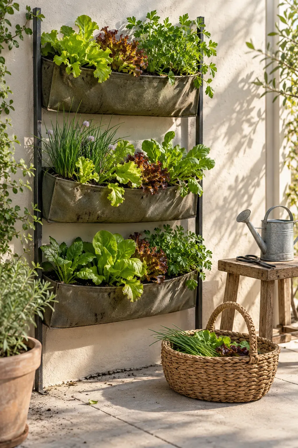 Vertical spring garden with greens and herbs arranged on patio wall