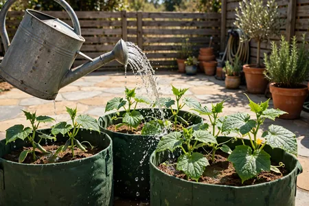 Watering young cucumber plants growing in containers with a metal watering can