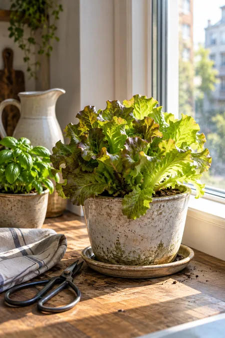 Leafy vegetable pot being rotated beside bright apartment window